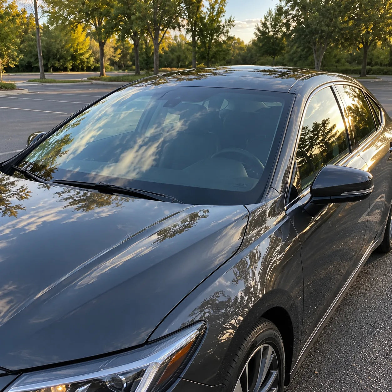Plate-free dark sedan with clean reflective glass