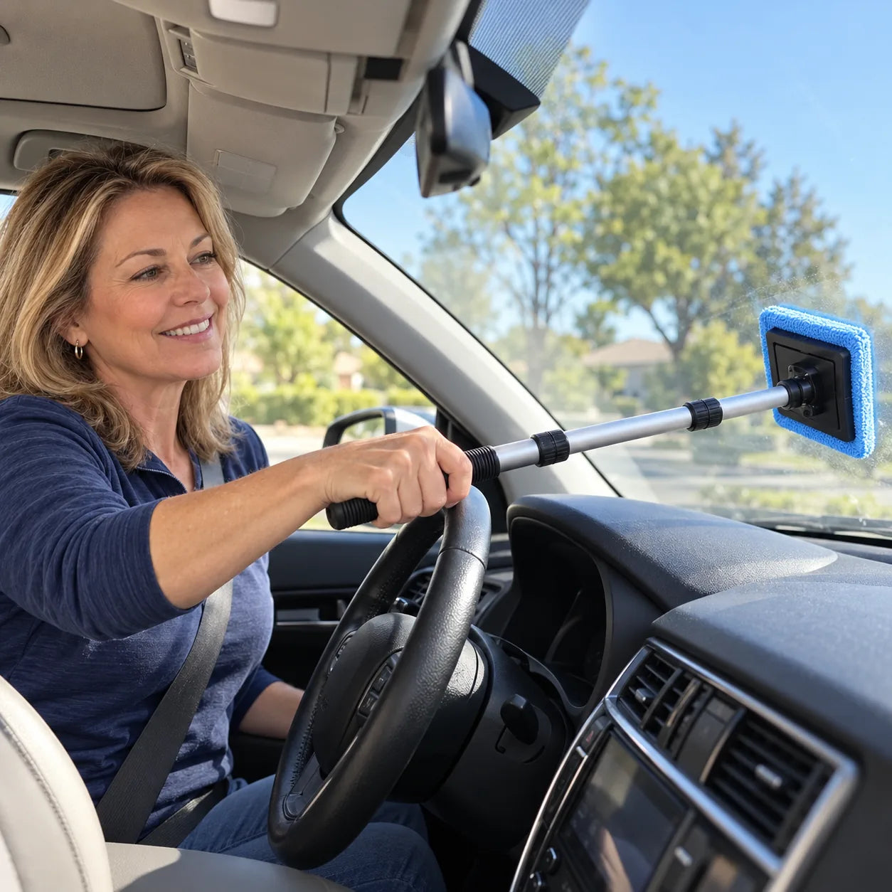 Illustrative driver reaching the lower interior windshield with the telescoping cleaner