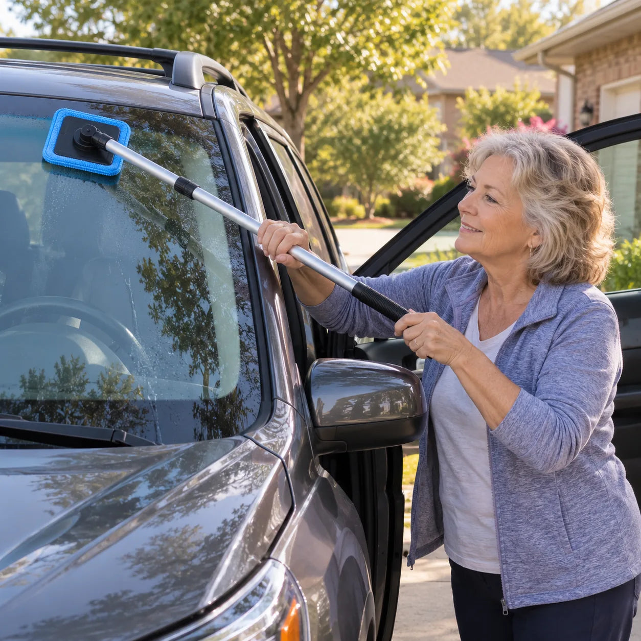 Illustrative taller-vehicle owner reaching an upper windshield corner