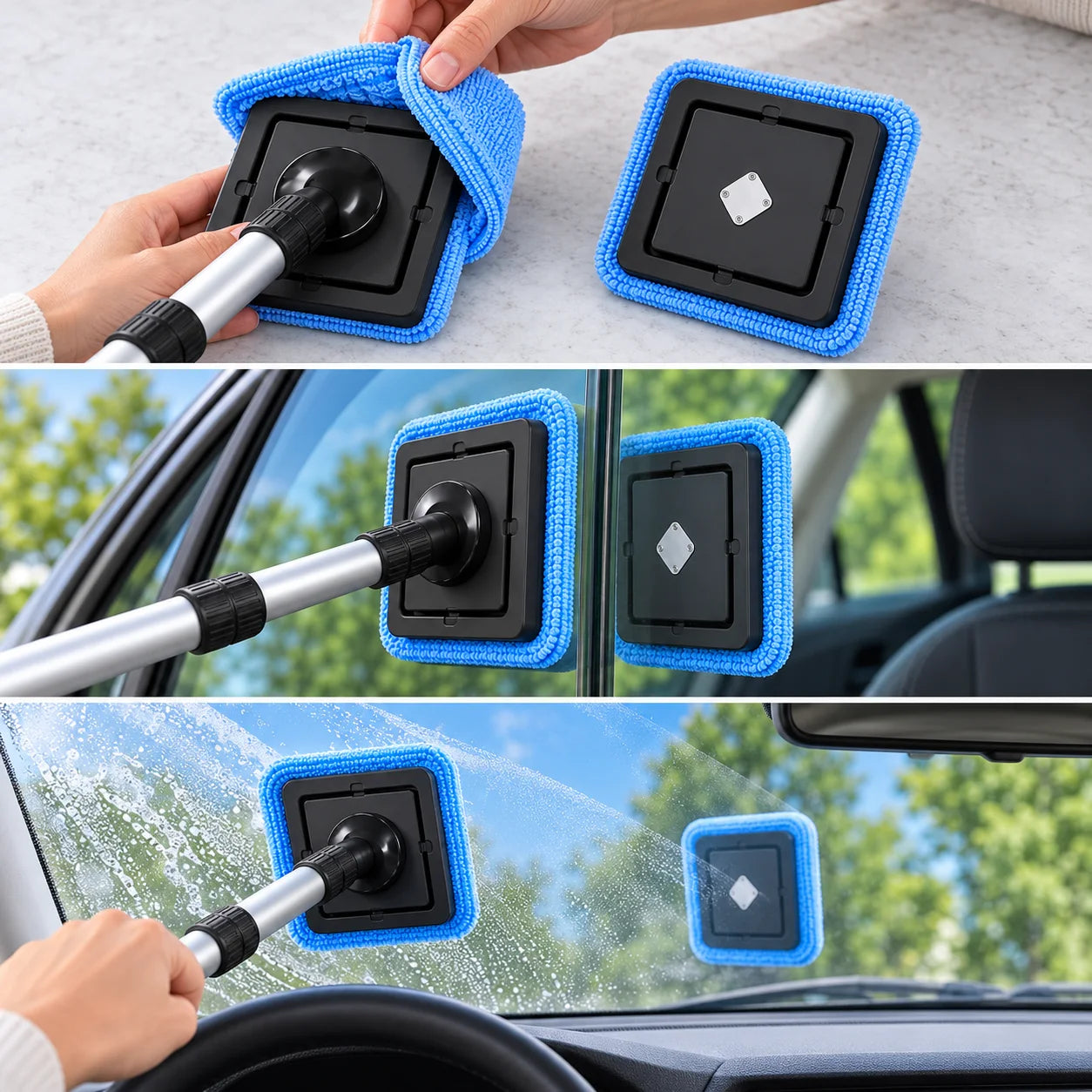 Three-step guide showing pads fitted to the Wellstiep heads, the paired heads aligned on opposite sides of glass, and the handled head guided across a windshield