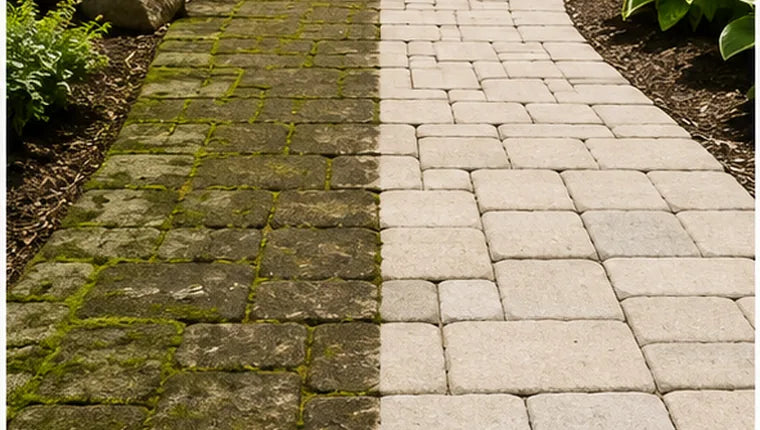 Stone path cleaning before and after