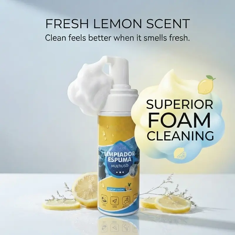 Multi-purpose foam cleaner bottle with lemon-scent packaging