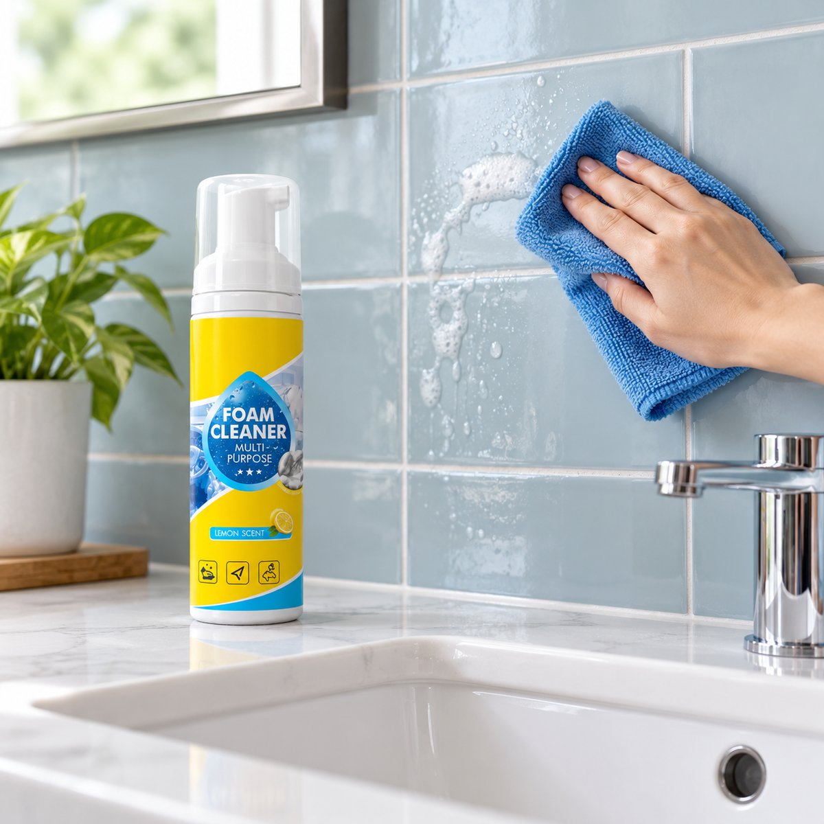 Glazed bathroom tile being wiped beside the Wellstiep foam cleaner