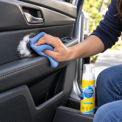 Car interior panel being wiped beside the Wellstiep foam cleaner