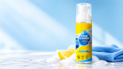 Wellstiep multi-purpose foam cleaner with blue microfiber cloth and lemon