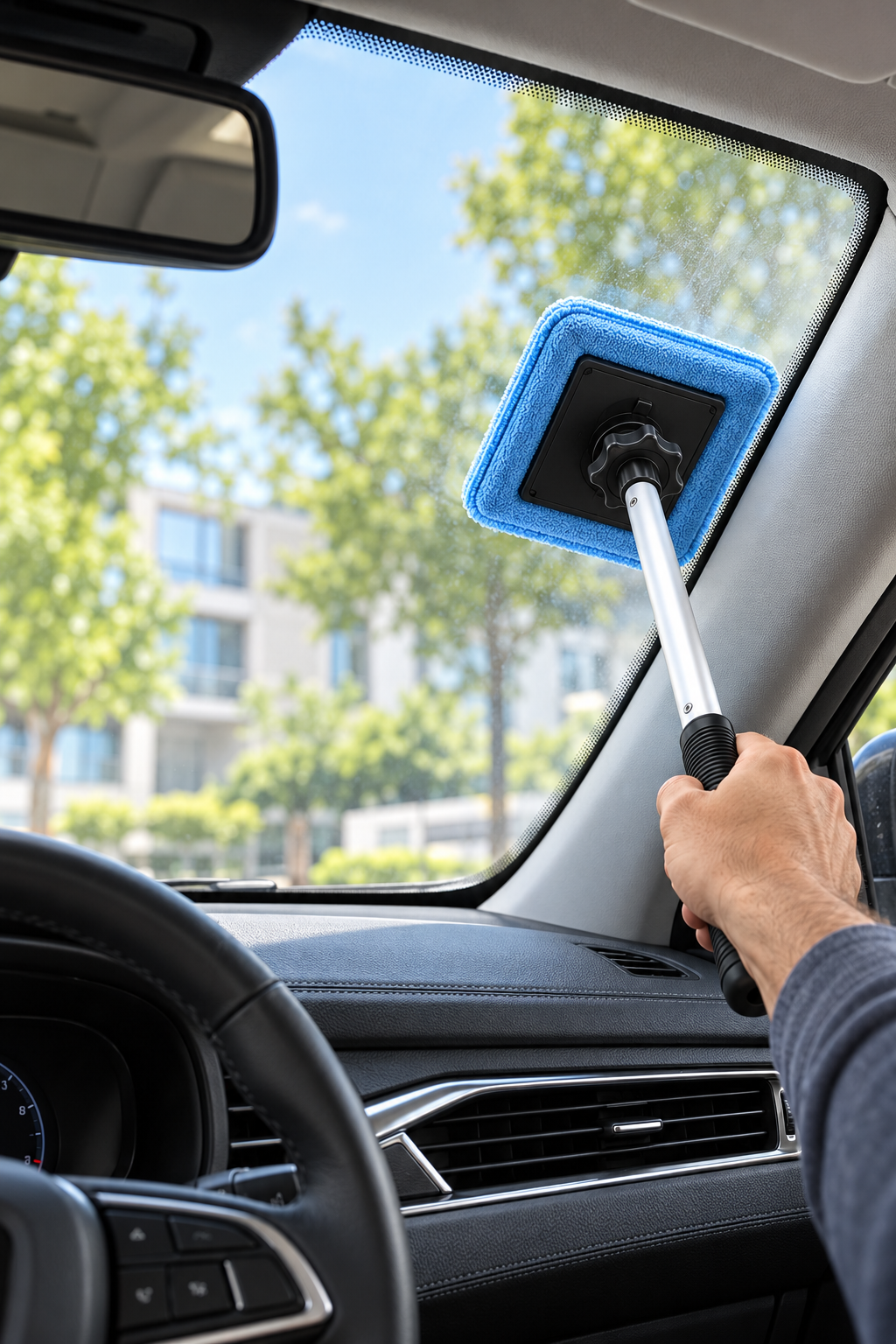 Interior windshield reach with the Wellstiep telescoping cleaner