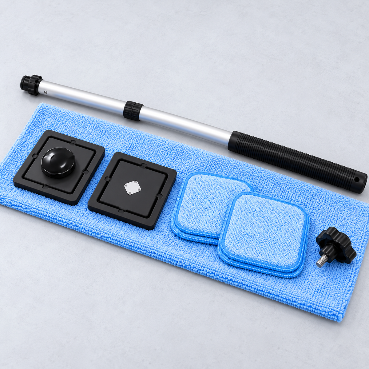 Wellstiep magnetic windshield cleaner kit with paired heads, telescoping handle and microfiber pads
