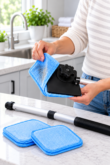 Removing a blue microfiber pad from the Wellstiep cleaner