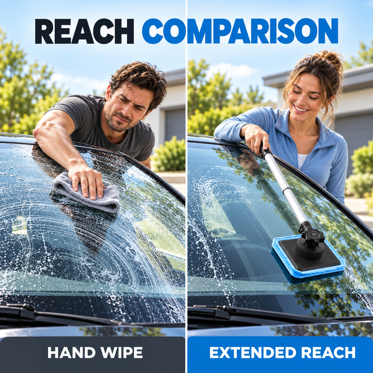 Reach comparison: hand wiping versus the Wellstiep extended windshield cleaning tool