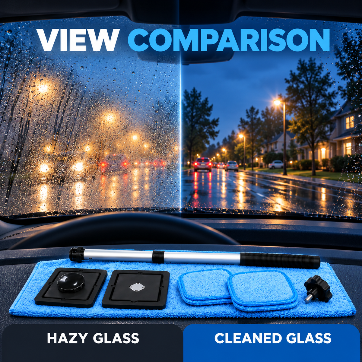 View comparison: hazy glass and cleaned glass with the Wellstiep windshield cleaner kit