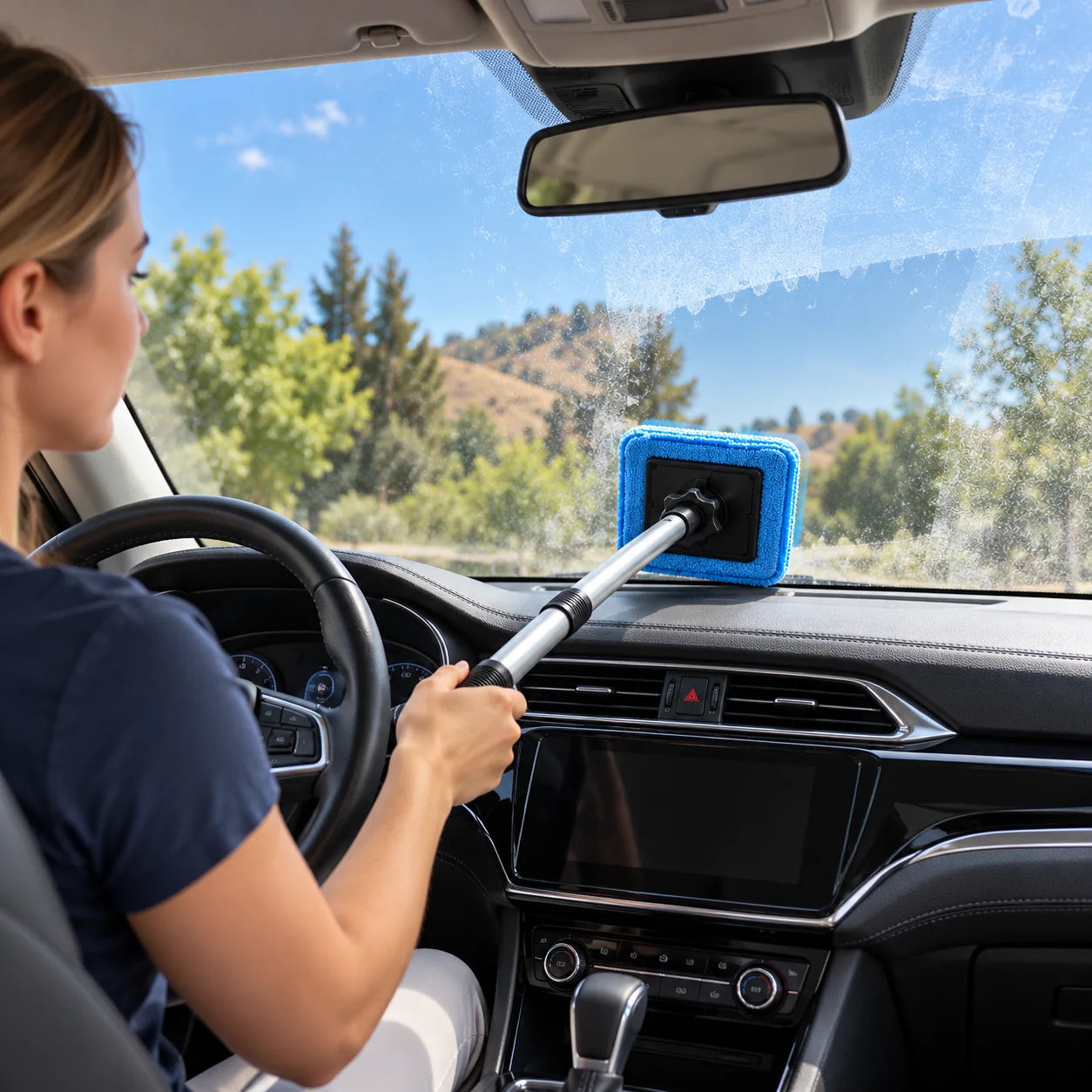 Driver comfortably guiding the Wellstiep telescoping cleaner to the hard-to-reach middle of the windshield from inside the car