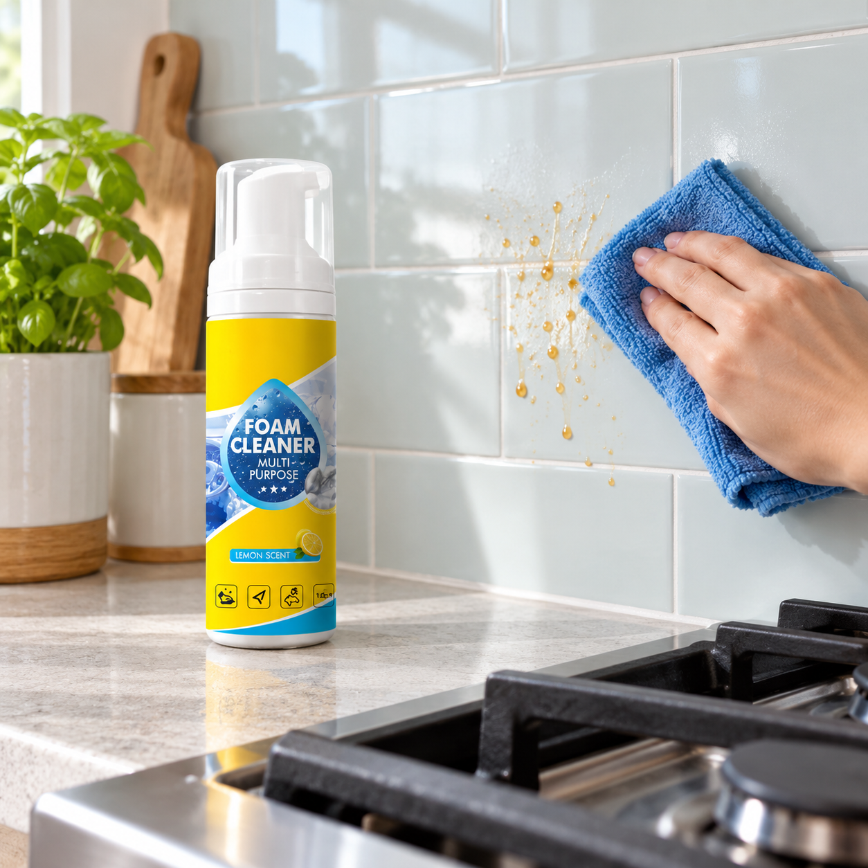 Kitchen backsplash being wiped beside the foam cleaner