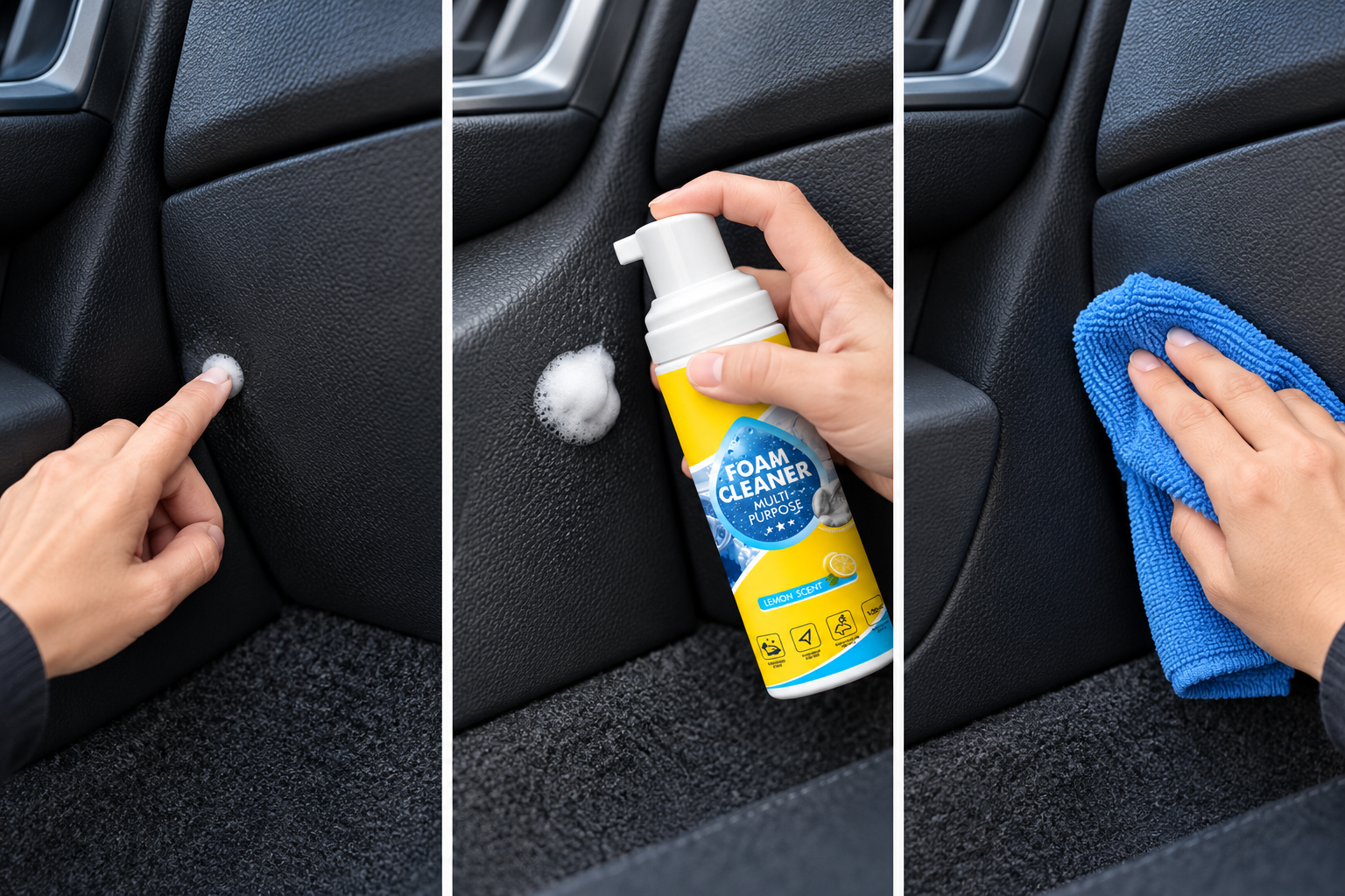 Three-part guide showing a spot test, a small foam application and a microfiber wipe