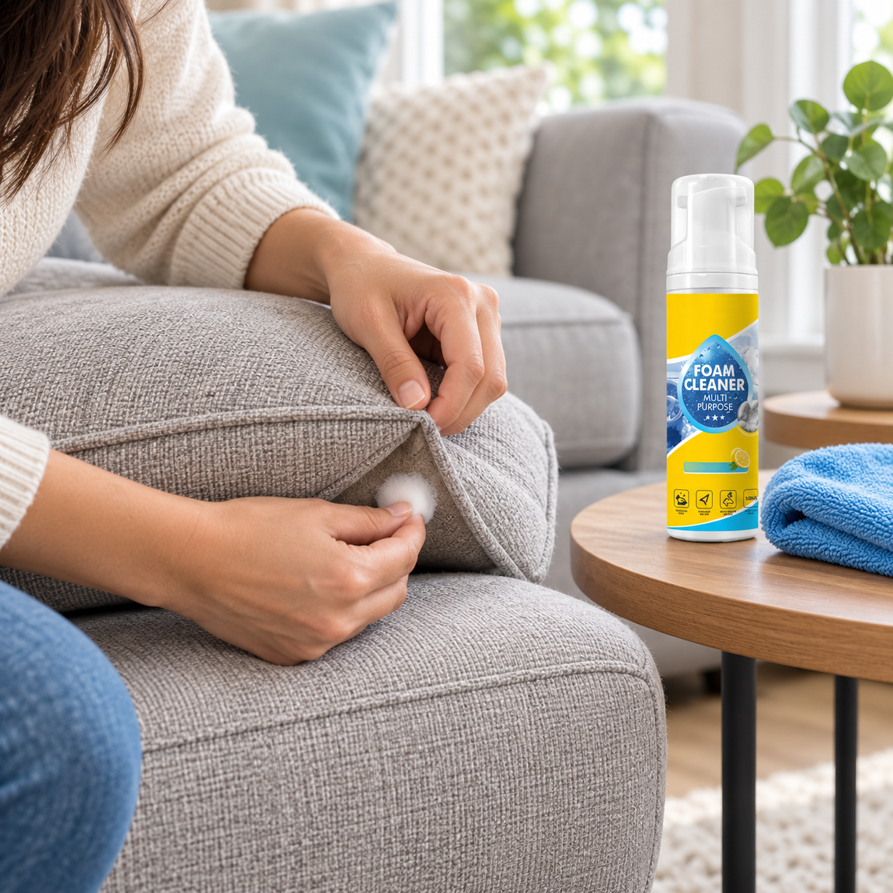 Hidden corner of a sofa cushion being spot tested beside the foam cleaner