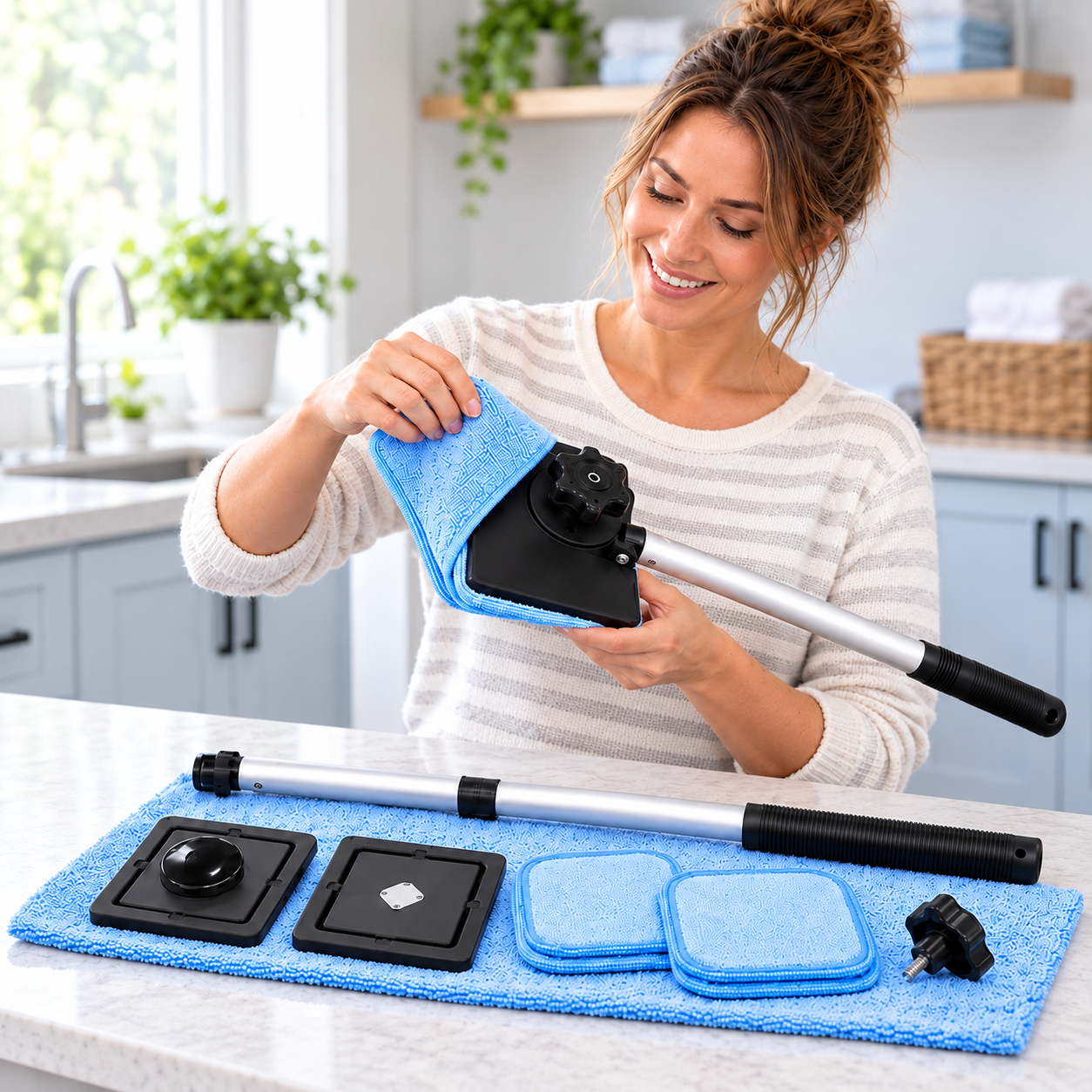 Fitting a washable blue microfiber pad to the Wellstiep cleaner with the complete kit arranged nearby