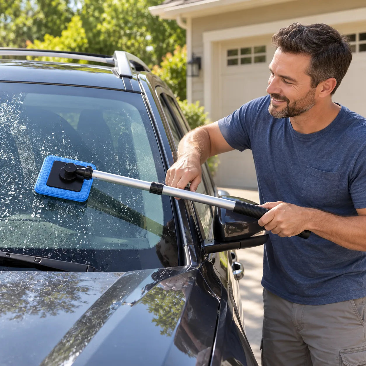Illustrative vehicle-care user guiding the padded cleaner across broad glass